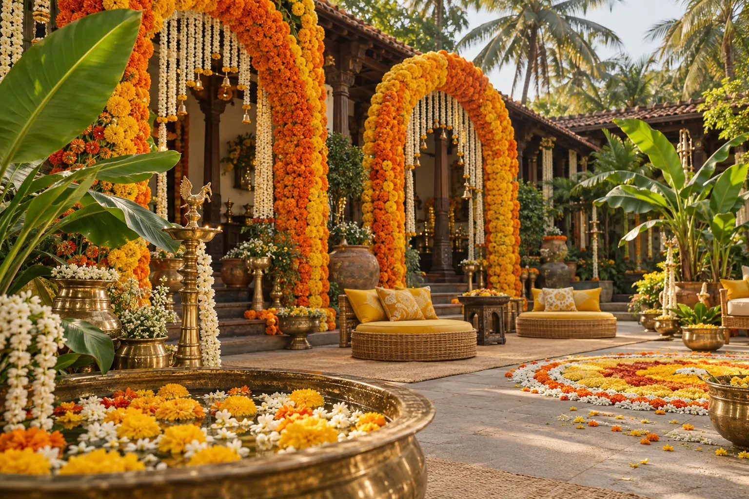 Indian haldi design concept with marigold arches, brass urli bowls and rangoli